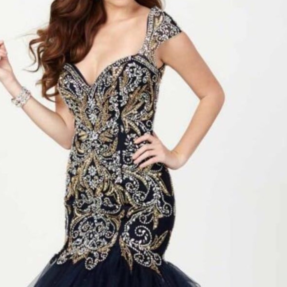 Navy blue and gold mermaid dress. Tiffany dress